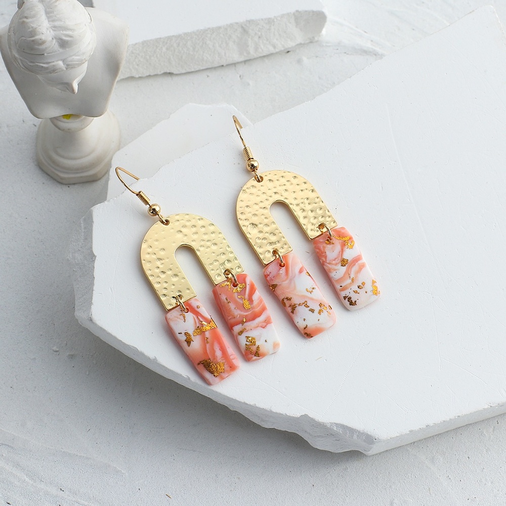 Horseshoe Gold Foil Flecked Polymer Clay Drop Pink and Gold Earrings